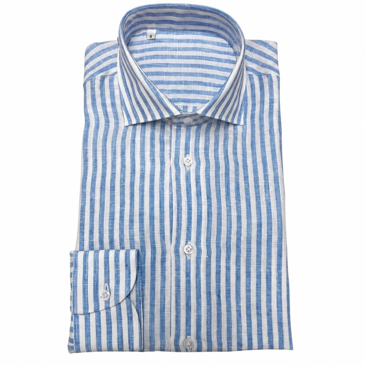 CAMICIA 100% LINO COL.RIGA BIANCO/AZZURRO