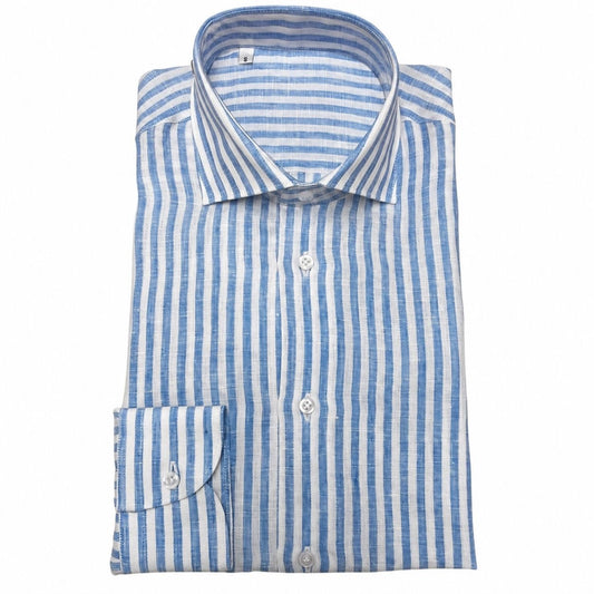 CAMICIA 100% LINO COL.RIGA BIANCO/AZZURRO